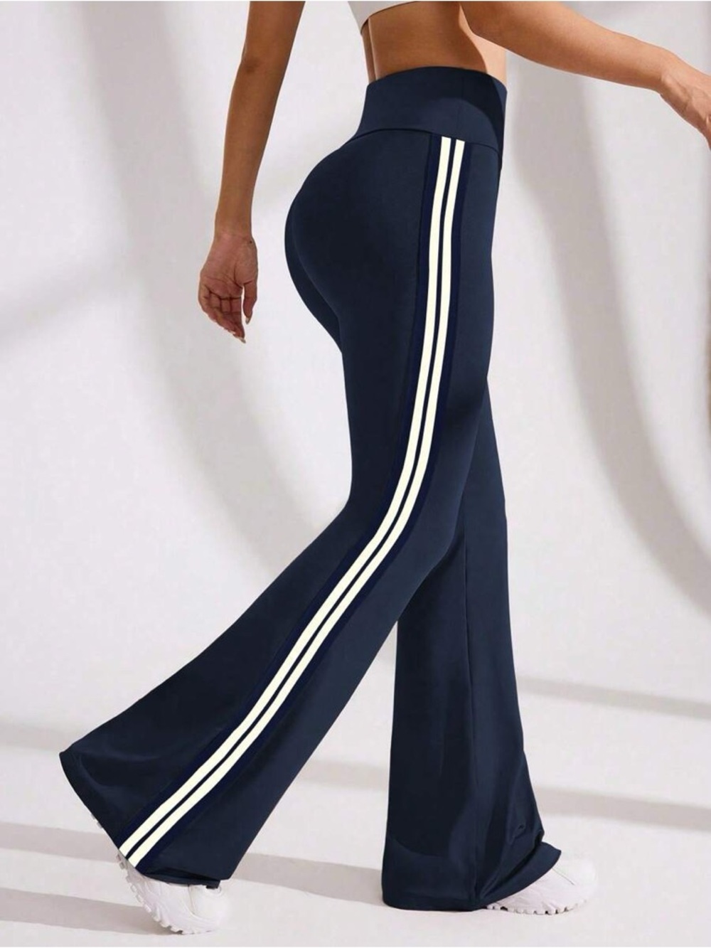 SHEIN Navy Flare Track Pants with White Side Stripes